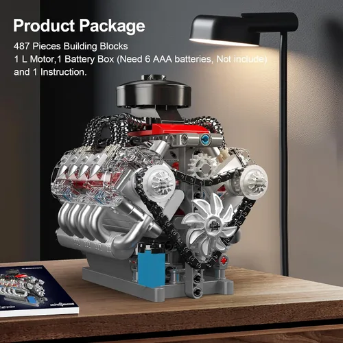 Miniatura 5 de Mould King 10171 Kit de modelo de motor V8 que funciona, motor de coche de 8 cilindros con motor, bloques de construcción coleccionables