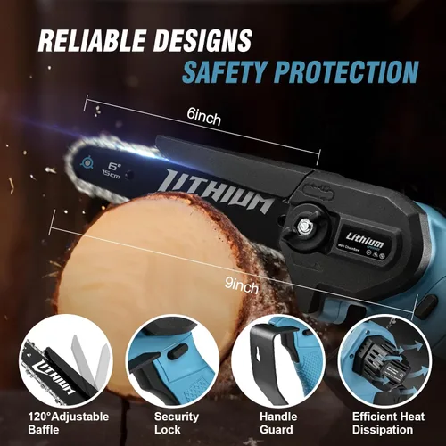 Miniatura 5 de Mini motosierra inalámbrica de 6 pulgadas con 2 baterías alimentada por 40V sierra eléctrica de cadena con bloqueo de seguridad, motosierra pequeña