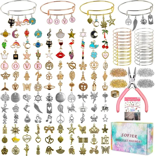 Sofier Kit de fabricación de pulseras de 542 piezas, kit de fabricación de joyas y suministros expandibles, pulseras con dijes, juego de alicates,