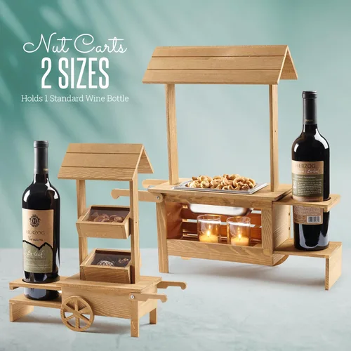 Miniatura 8 de Soporte para botellas de vino con bandeja para servir aperitivos, carrito de madera de mesa para dulces y calentador de nueces con capacidad para 1