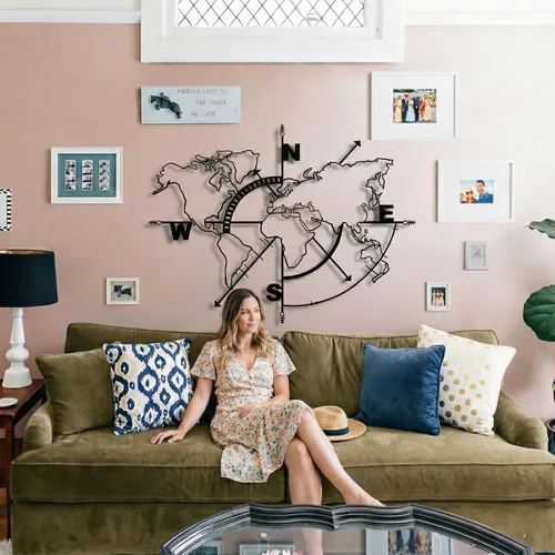 Miniatura 3 de DEKADRON Brújula de arte de pared con mapa del mundo de metal, mapa del mundo sin bordes, decoración de pared de metal, letrero de metal, colgantes