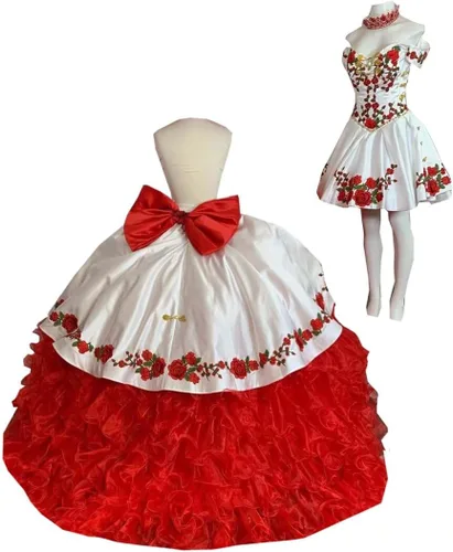 Miniatura 3 de Adorno dorado 2026 Flores africanas rojas bordadas 2 en 1 vestido de fiesta vestidos de quinceañera fuera del hombro baile de graduación dulce 15 16