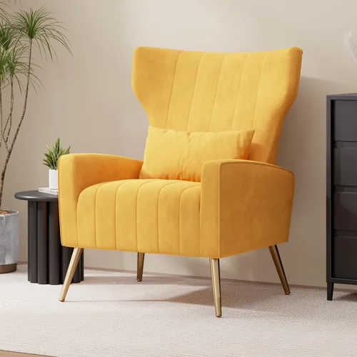 Miniatura 22 de Nebuaegis Silla decorativa de terciopelo con respaldo alado para sala de estar, sillón de respaldo alto con patas doradas, almohada lumbar, sofá