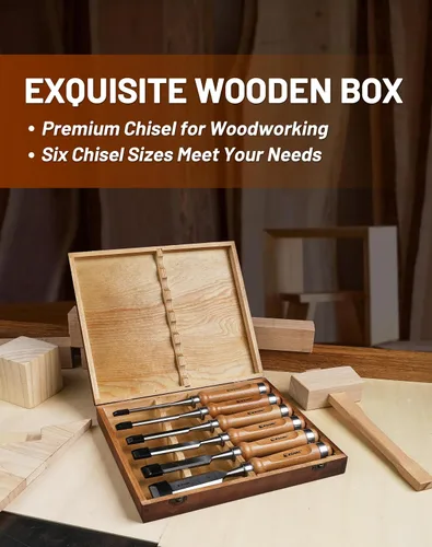 Miniatura 3 de EZARC Juego de herramientas de cincel de madera de 6 piezas, kit de cincel de tallado de carpintería con estuche de madera prémium para carpintero