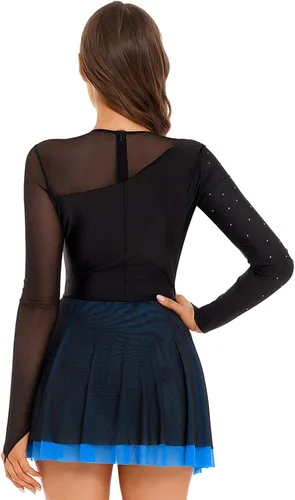 Miniatura 5 de Vestido de patinaje sobre hielo artístico para mujer, malla de retazos, uniformes de baile mayoreta, leotardos de ballet