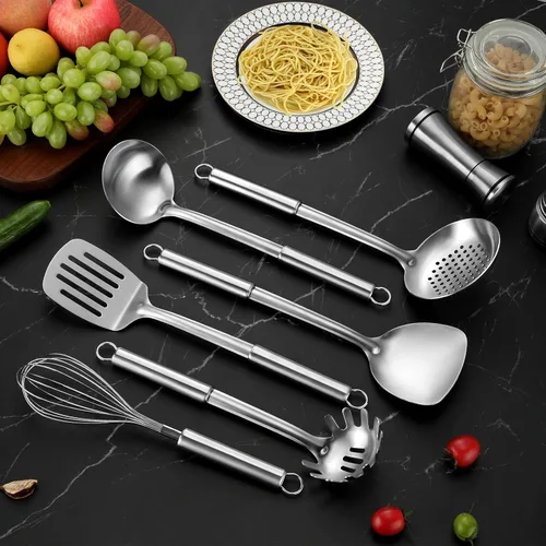 Miniatura 4 de Juego de 6 piezas de utensilios de cocina de acero inoxidable, utensilios de cocina con mango suspendido, espátula, espumadera, cucharón, cuchara