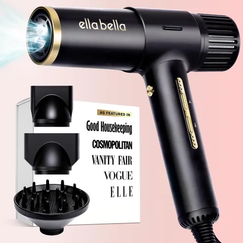 ELLA BELLA® Secador de Pelo Iónico de Salón con Difusor • Secador de Pelo Iónico Negativo • para Todos los Tipos de Cabello • Control Inteligente de