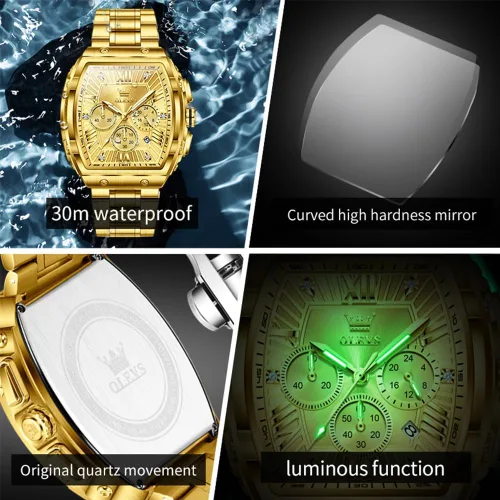 Miniatura 5 de OLEVS Relojes para Hombres Cronógrafo Impermeable Cara Rectangular Fase Lunar Correa de Acero Inoxidable Relojes de Vestir para Hombres Luminoso
