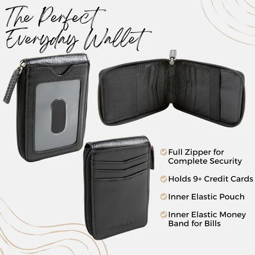 Miniatura 3 de Cartera RFID con bolsillo con cremallera para hombre, Negro -, Bolsillo frontal con cremallera ID exterior
