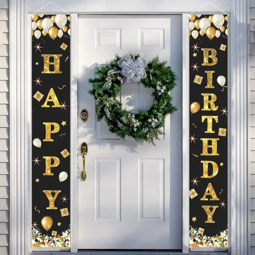 Cartel de feliz cumpleaños negro y dorado, cartel de feliz cumpleaños, cartel de puerta de porche, letrero colgante de pared para exteriores e