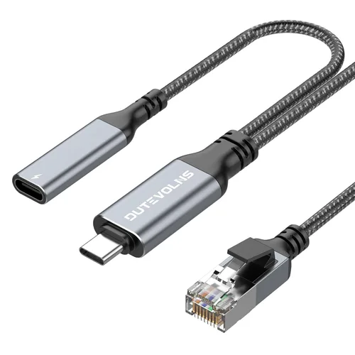 Cable USB C a Ethernet y carga hembra de 6.6 pies, USB-C hembra 60 W PD y Gigabit LAN dos en uno, cable de nailon tipo C a RJ45, conectado