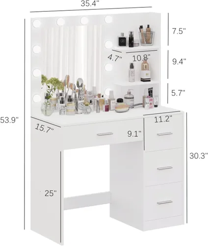 Miniatura 7 de Rovaurx Escritorio de tocador con espejo y luces, mesa de tocador de maquillaje con estantes de almacenamiento y 4 cajones, tocador de dormitorio