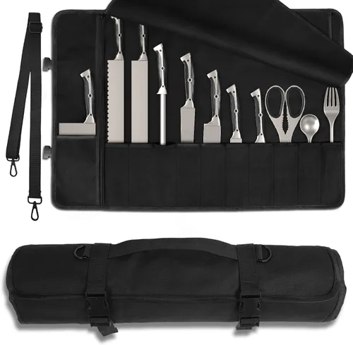 Miniatura 9 de lelezone Bolsa enrollable para cuchillos de chef, resistente al agua, funda de lona encerada para cuchillos, bolsas enrollables para chefs