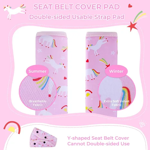 Miniatura 4 de COOLBEBE Juego de almohadillas de asiento para niños, cómodo cojín para hombros y vientre, funda universal para correa de asiento para refuerzo, Rosa