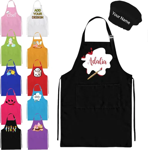 Delantal personalizado para niños y sombrero de chef, delantal personalizado para niños con nombre, delantal de pintura personalizado, para cocinar,
