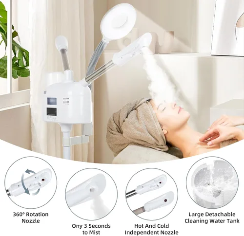 Miniatura 3 de VARIPOWDER Vaporizador facial profesional 3 en 1 para cara con boquilla caliente y fría, lámpara de aumento 5X, vaporizador facial para esteticista