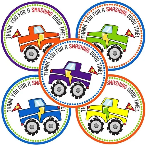 Etiquetas adhesivas con texto en inglés "Thank You" de Monster Truck – Etiquetas de regalo para fiesta de cumpleaños de niños – Juego de 30