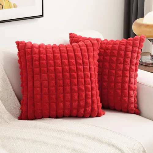 Miniatura 10 de FUTEI Juego de 2 fundas de almohada decorativas burdeos de 22 x 22 pulgadas, fundas de cojín cuadradas color rojo vino, a cuadros de piel sintética