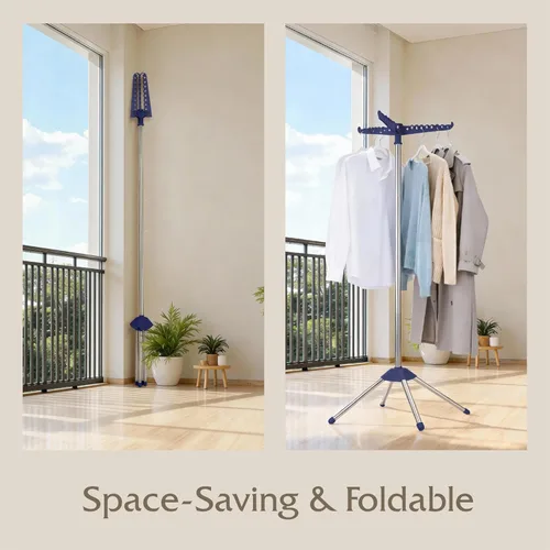 Miniatura 3 de Beaudaily Tendedero de secado de ropa, plegable, estante de secado de ropa interior de 59 pulgadas con 3 brazos giratorios, acero inoxidable, Azul +