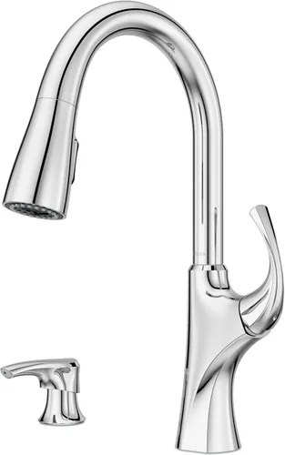 Miniatura 13 de Grifo de cocina Pfister Miri con rociador extraíble y dispensador de jabón, manija única, arco alto, acabado de acero inoxidable Spot Defense, Spot