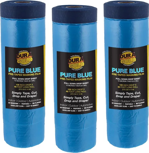 Dura-Gold Rollo de película de enmascaramiento precintada azul puro de 106 pulgadas de ancho x 46 pies de largo, paquete de 3, láminas protectoras
