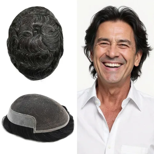 Miniatura 50 de LYRICAL HAIR Sistema de cabello humano con encaje frontal francés para hombres, tupé de piel de polietileno para hombres, línea capilar natural