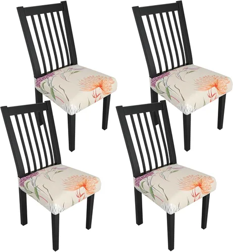 Miniatura 88 de Juego de 4 fundas elásticas para sillas de comedor, fundas para sillas de comedor con estampado floral, fundas para asientos de sillas con estampado