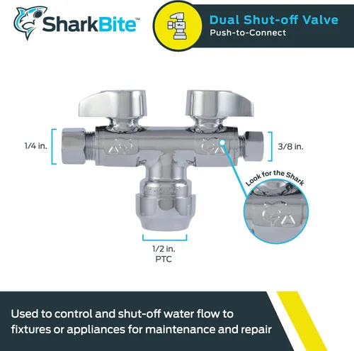 Miniatura 2 de SharkBite Válvula de bola de latón de un cuarto de vuelta de doble cierre, empuje de 1/2 pulgada para conectar x compresión de OD de 3/8 pulgadas x