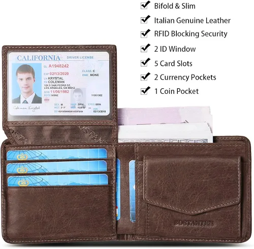 Miniatura 3 de BOSTANTEN Billeteras de piel auténtica para hombre con bloqueo RFID y 2 ventanas de identificación