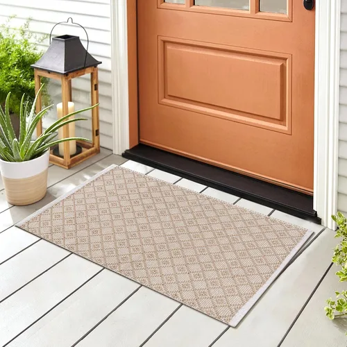 Miniatura 8 de Alfombra de algodón tejida con diamantes de 2 x 3 pies, color beige, antideslizante, decorativa, duradera, bohemia, ideal para entrada, cocina
