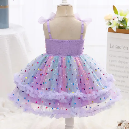 Miniatura 92 de IMEKIS Vestido de princesa de cumpleaños para niña pequeña, confeti brillante, bohemio, arco iris, pastel, sesión de fotos, traje para 1-6T