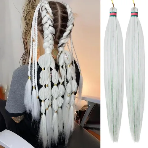 Miniatura 36 de Extensiones de cabello para trenzar verde+verde claro, preestiradas, 2 paquetes, con cabello plumoso pre-trenzado, extensiones de cabello