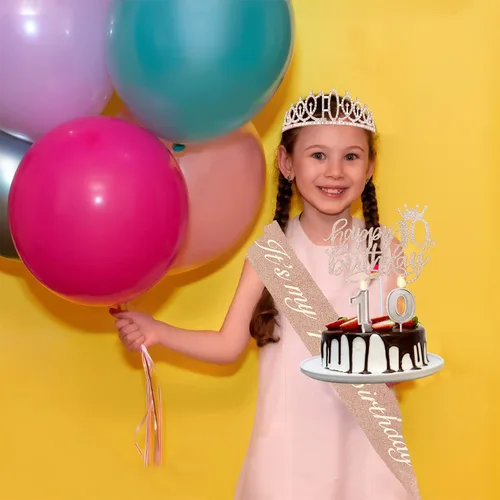 Miniatura 3 de Decoraciones de cumpleaños de 10 años para niñas; banda, corona/tiara, velas y adorno para pastel de cumpleaños de 10 años; regalos y decoraciones