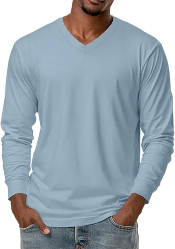 Miniatura 17 de Camiseta para hombre, manga larga, cuello en V, color liso, informal, básica, suave, elástica, M-3XL