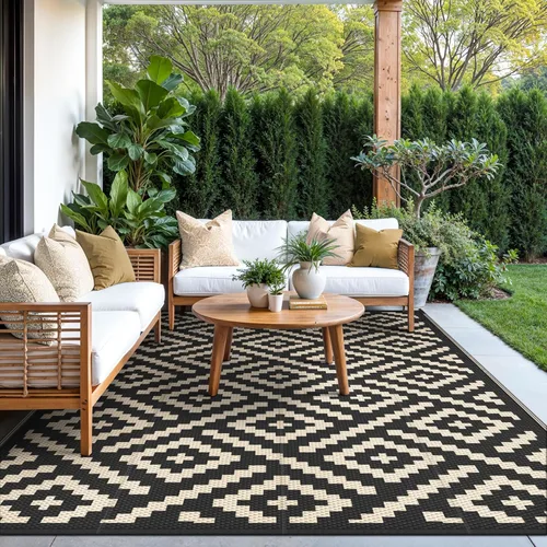 Miniatura 7 de GENIMO Alfombra de exterior impermeable de 5 x 8 pies, alfombras reversibles, alfombra de área, alfombra de plástico para exteriores, alfombra Negro