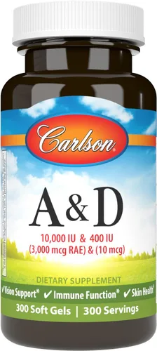 Carlson - A y D, 10000 UI (3000 mcg RAE) Vitamina A, 400 UI (10 mcg) Vitamina D3, Apoyo a la Visión, Salud de la Piel, 300 Geles Suaves