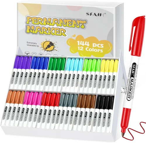 SFAIH Paquete de 144 marcadores permanentes a granel, juego de aula escolar, 12 colores vibrantes, funciona en papel, ropa, plástico, tela,