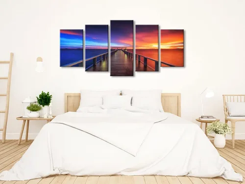 Miniatura 4 de Pyradecor 5 paneles tamaño XL atardecer, puente, impresiones en lona HD, paisajes del mar, arte en lona, paisajes para el hogar, decoración