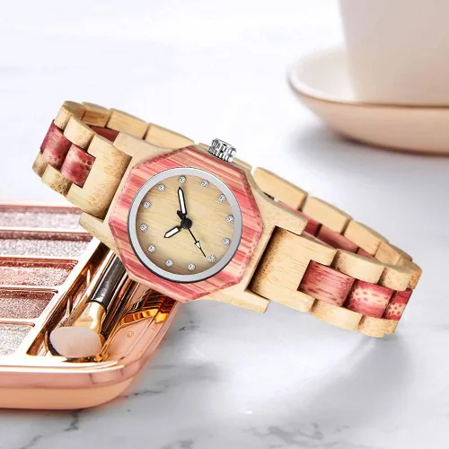 Miniatura 2 de Reloj de madera para mujer con correa de madera de cuarzo, analógico, colorido, relojes de madera de bambú para mujer, BS-WM01-MADERA