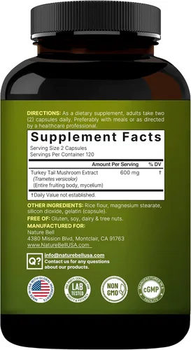 Miniatura 7 de NatureBell Cápsulas de extracto de hongo de cola de pavo, 600 mg por porción, 240