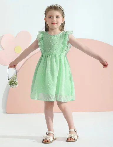 Miniatura 3 de URMAGIC Vestidos de verano para niñas pequeñas, con volantes, sin mangas, con lunares suizos, vestido de fiesta sólido para 18M-6 años