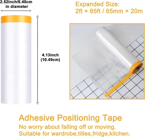 Miniatura 2 de Muf 2 x 65 pies de tela plástica para goteos, lámina de plástico con cinta adhesiva, película de enmascaramiento protectora impermeable, previene