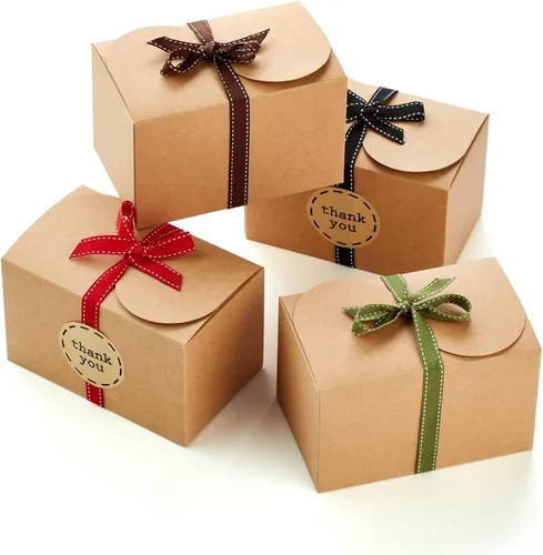 Cajas de galletas de papel kraft marrón con cintas y calcomanías (paquete de 20) cajas de regalo pequeñas de cartón de 6.5 x 4 pulgadas para regalo,