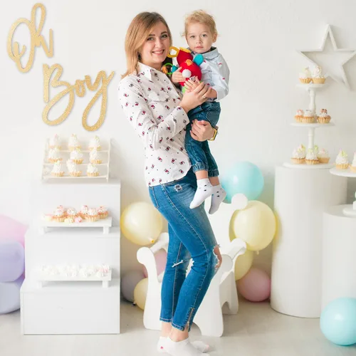 Miniatura 2 de OH BOY Letrero de madera dorado para baby shower y decoración de revelación de género, telón de fondo ligero para decoración de pared para fotos
