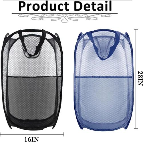 Miniatura 2 de Cesta de Ropa Plegable Emergente, Canasta de Ropa de Malla Plegable Extra Grande, 28" x 16" x 16", Paquete de 2 (Negro + Azul)