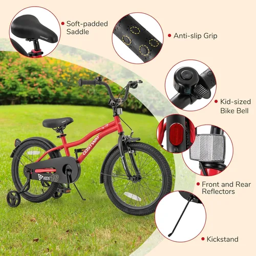 Miniatura 7 de COSTWAY Bicicleta para niños de 12/14/16/18 pulgadas, bicicleta para niños pequeños con ruedas de entrenamiento, asiento y manubrio ajustables, Rojo