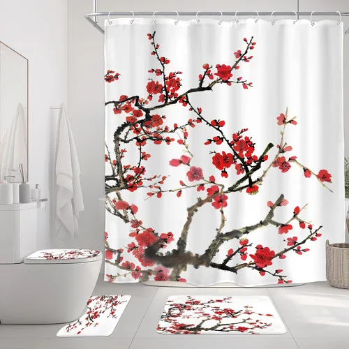 Miniatura 11 de Cortina de ducha floral roja para baño, 60 pulgadas de ancho x 72 pulgadas de largo, flor de cerezo, ciruela, estética asiática, japonesa, acuarela