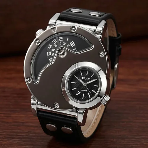 Miniatura 2 de MJSCPHBJK Reloj de pulsera analógico único para hombre, sumergible, de moda, de vestir, de cuarzo, con dial doble, diseño genial, banda de cuero