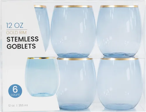 PLASTICPRO Paquete de 12 copas de vino de plástico azules con borde dorado, sin tallo, desechables, de 12 onzas, sin BPA, inastillables, copas de
