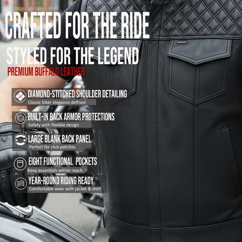 Miniatura 4 de Jackets 4 Bikes SOA Chaleco de Motocicleta para Hombre, Cuero Genuino de Búfalo, Armadura Trasera, Bolsillos Interiores, Chalecos de Club de Negro
